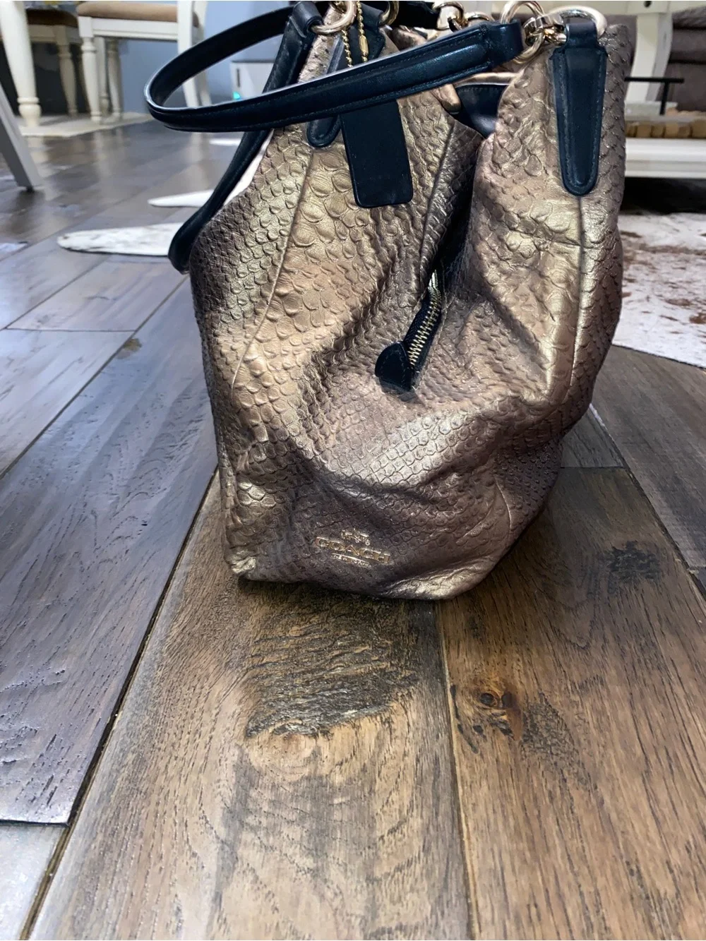 Coach Metallic Bronze Snake-Embossed Hobo with Black Strap